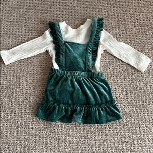 Green Velvet Ruffle Dress with White Long Sleeve Top